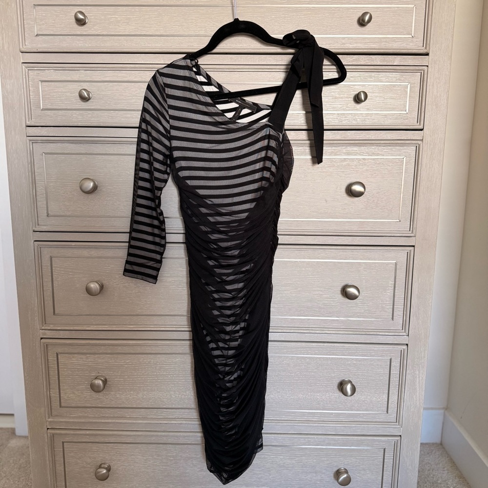 BCBGMaxAzria Black and White Striped One-Shoulder Dress with Sheer Mesh Overlay